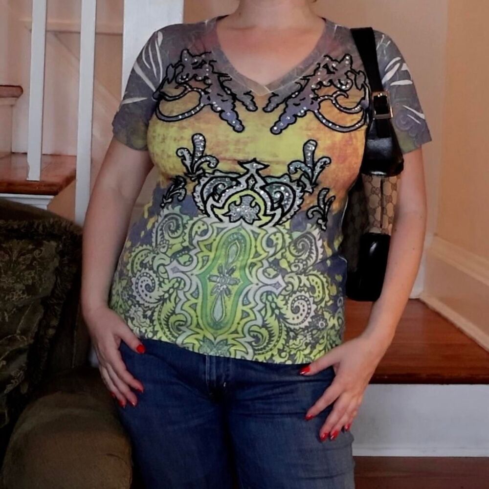 Y2K Ombre Embroidered Rhinestone Short Sleeve Top Sz Medium Spy Zone Exchange